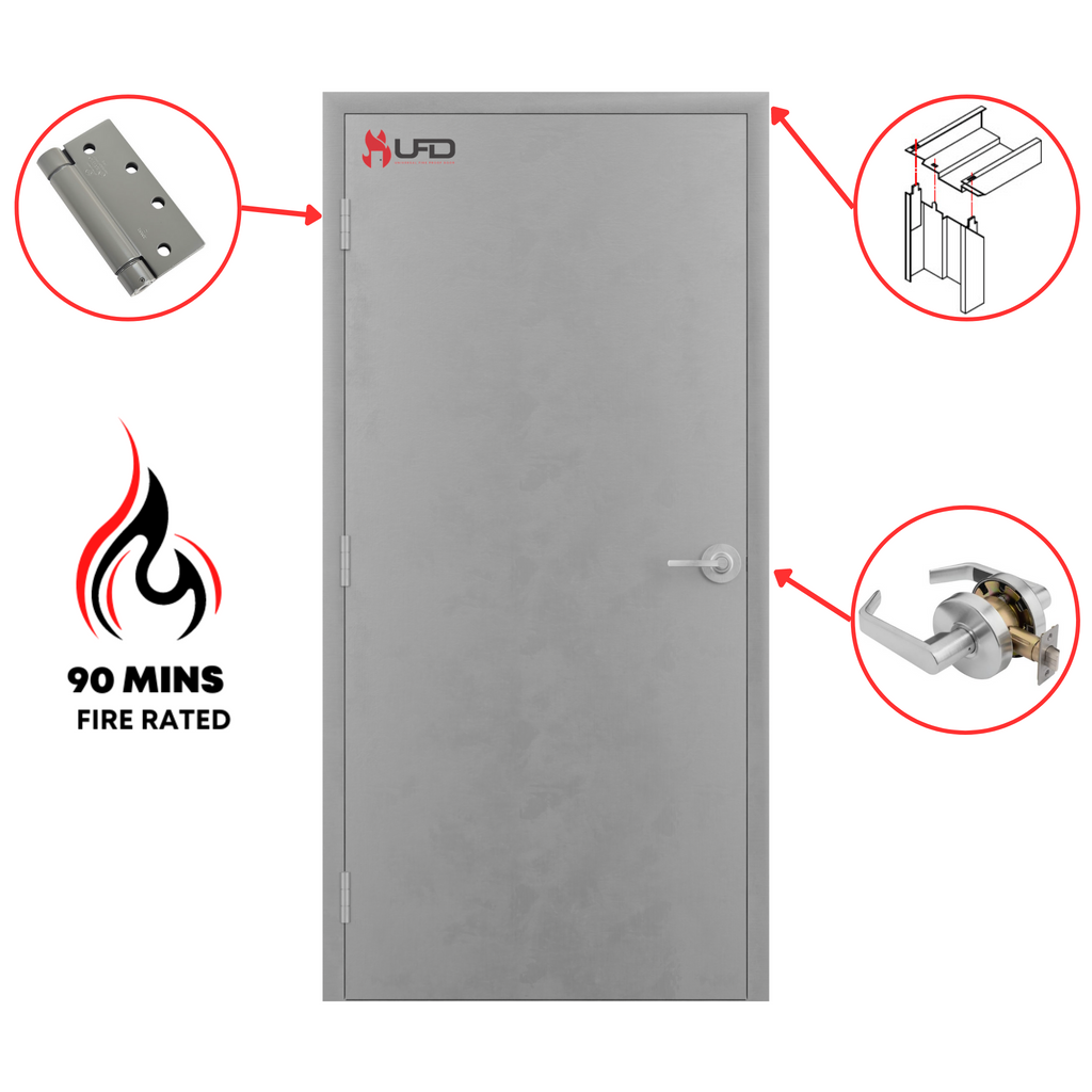 36 x 80 Flush Hollow Metal Door With Knockdown Drywall Frame, and Hardware Included - Self Closing Hinges and Cylindrical Lockset