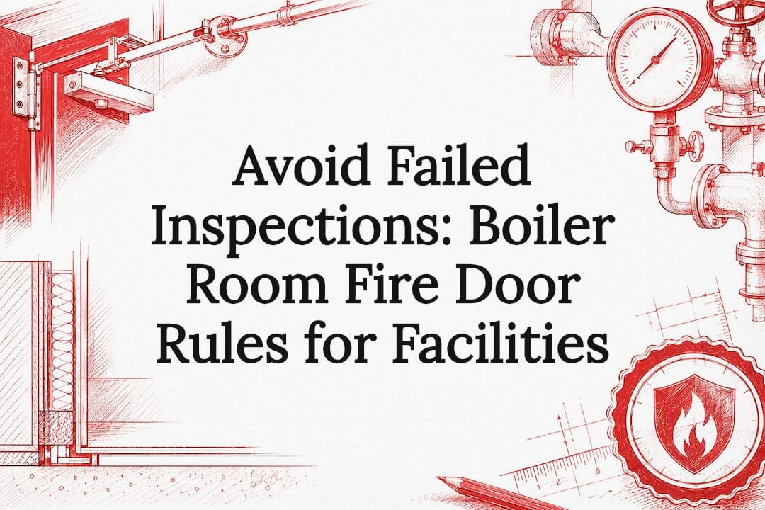 Decorative boiler room fire door title card