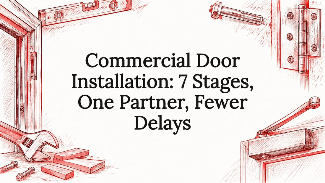Sketch-framed title card for commercial door installation
