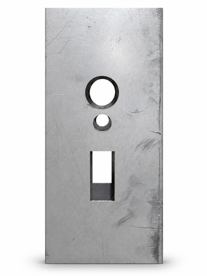 Close-up of the mortise lock prep cutouts