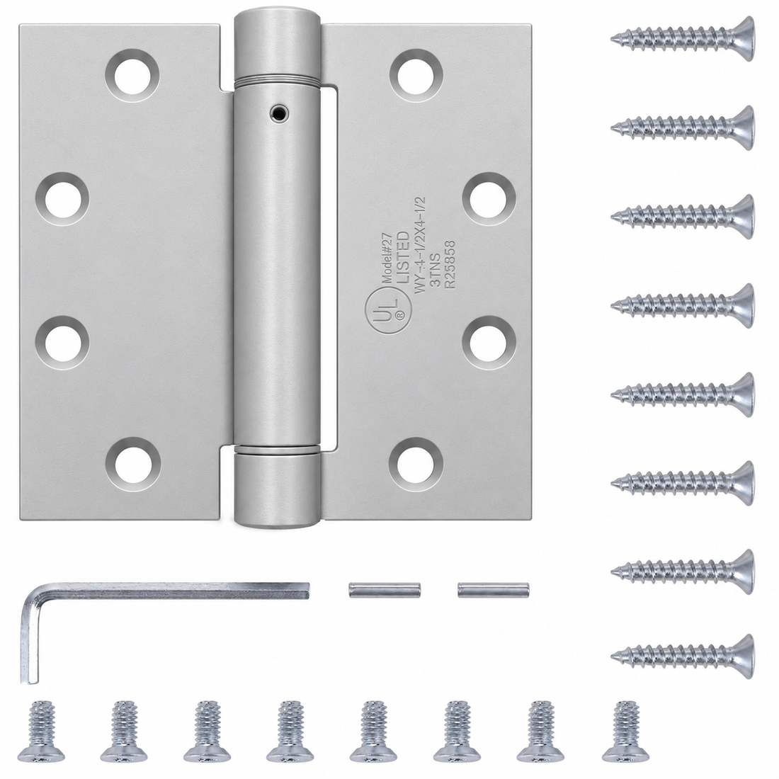 Adjustable Commercial UL Spring Hinges, 4.5 Inch Square in Satin Chrome - Self Closing Hinges - Door Closing Hinges - 3 Pack