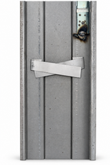 Face of a 14 gauge knock-down steel door frame with strap anchor