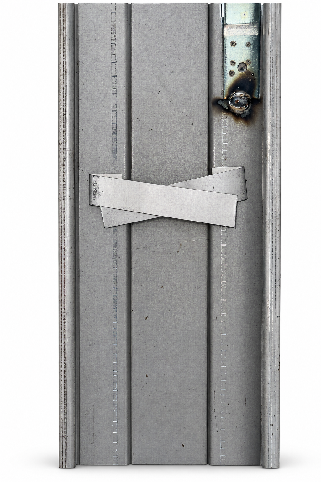 Face of a 14 gauge knock-down steel door frame with strap anchor