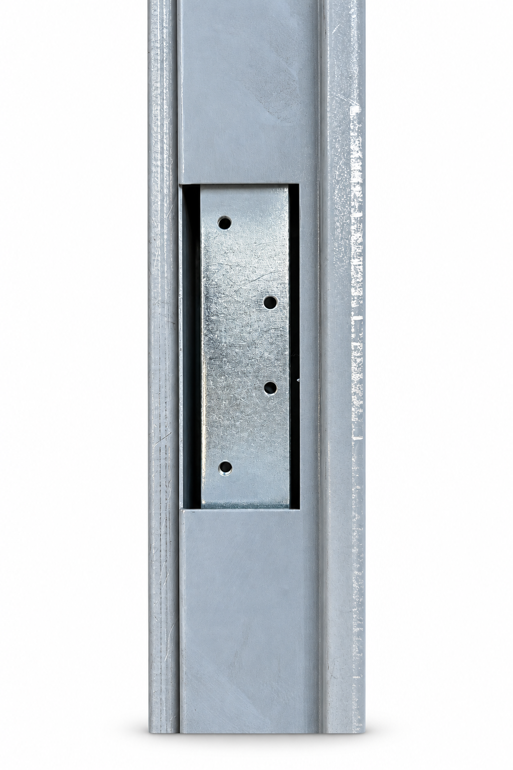 Close-up of the 4-1/2 inch hinge reinforcement on a steel door frame