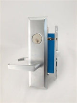 Maxtech mortise entrance lever lockset in satin chrome, outside lever with key cylinder
