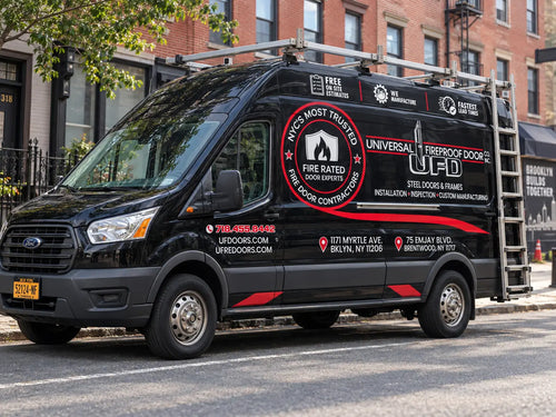 Universal Fireproof Door service van parked on a Brooklyn street