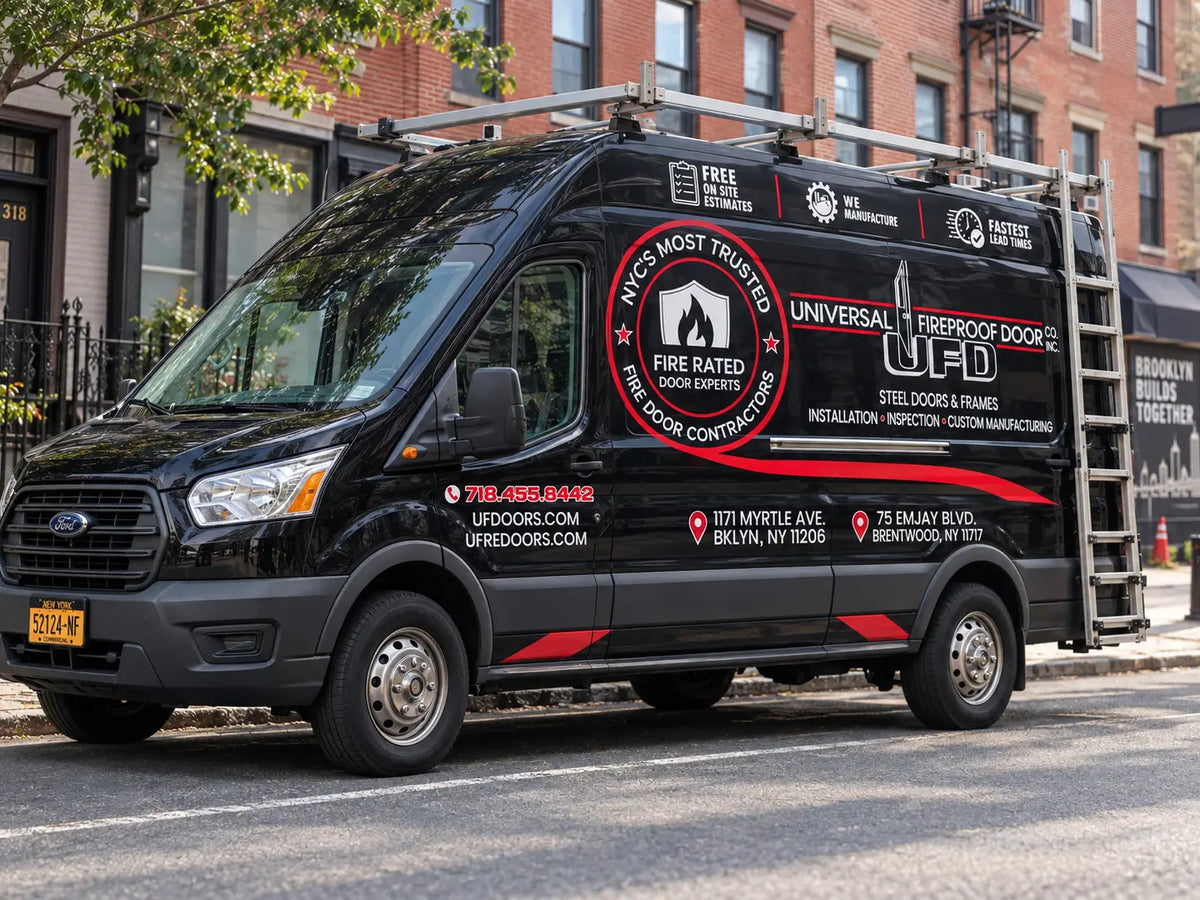 Universal Fireproof Door service van parked on a Brooklyn street