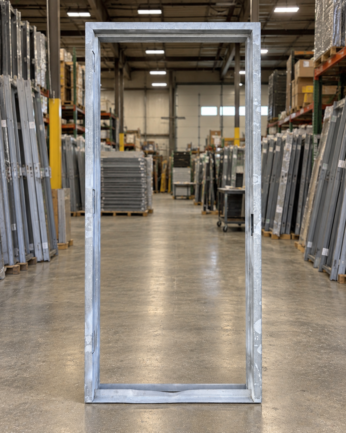 Welded steel door frame standing in the UFD warehouse