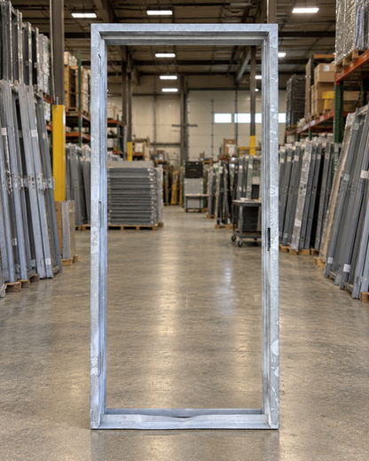 Welded steel door frame standing in the UFD warehouse