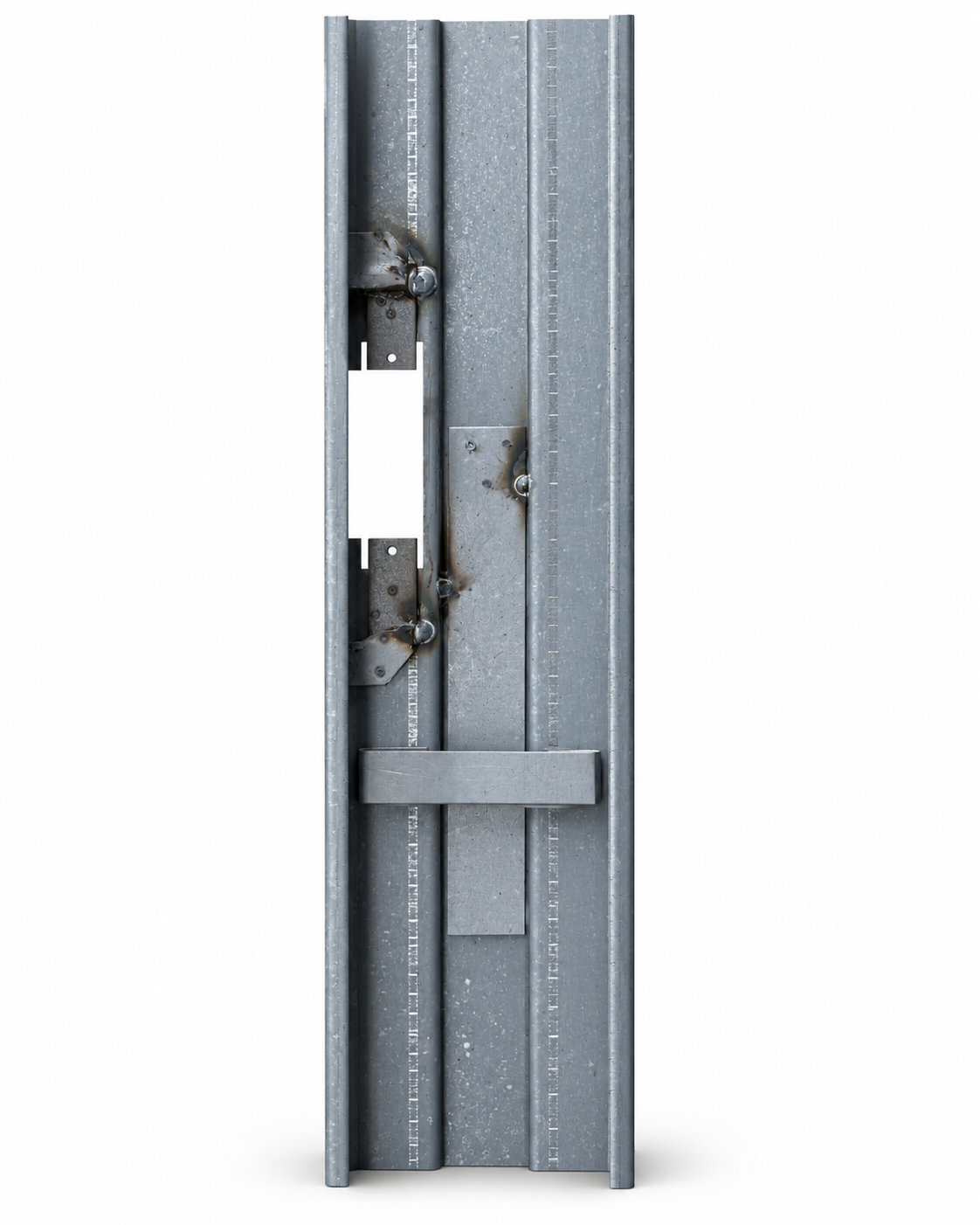 Back of the strike jamb showing welded strike reinforcement and wall anchor