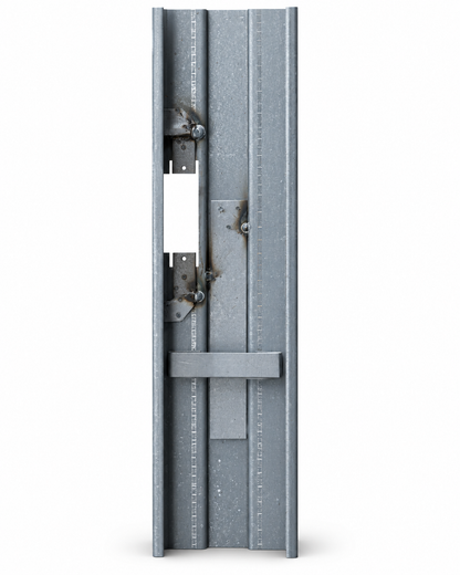 Back of the strike jamb showing welded strike reinforcement and wall anchor